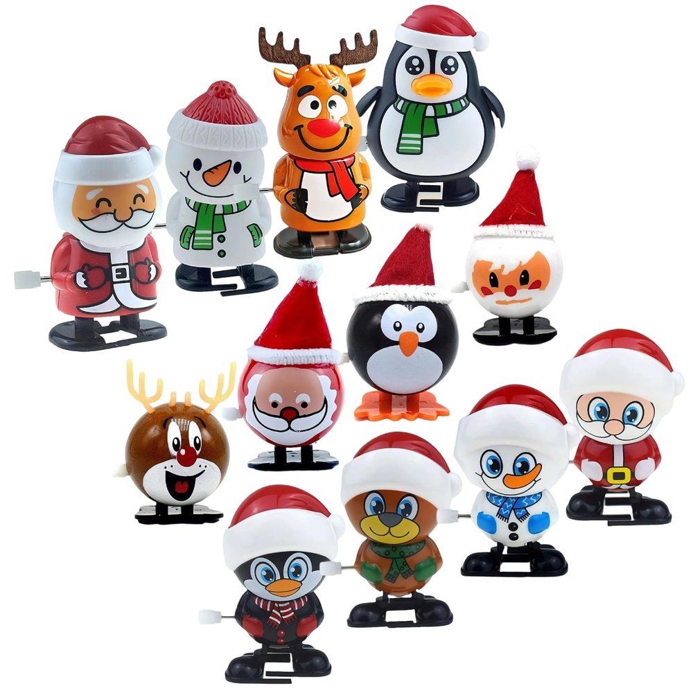 12PCS Christmas Wind Up Figurines for Kids Christmas Stocking Stuffers, Mini Xmas Clockwork Figurine Assortment, Santa & Tree Wind Up Chain Figures, Goody Bag Fillers for Kids Party Favors Birthday