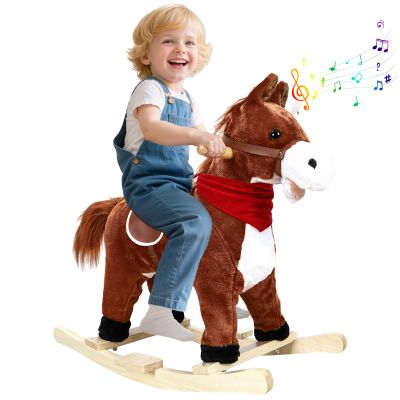VEAREAR Kids Rocking Horse, Plush Ride on Animal with Wooden Rockers, Moving Mouth and Wagging Tail, Musical Sounds, 50kg Weight Capacity, Ages 1-6 Dark Brown 73cm