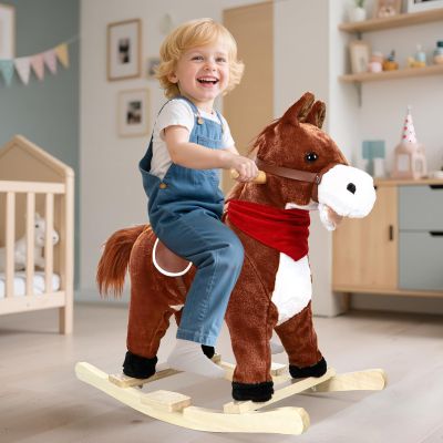 VEAREAR Kids Rocking Horse, Plush Ride on Animal with Wooden Rockers, Moving Mouth and Wagging Tail, Musical Sounds, 50kg Weight Capacity, Ages 1-6 Dark Brown 68cm