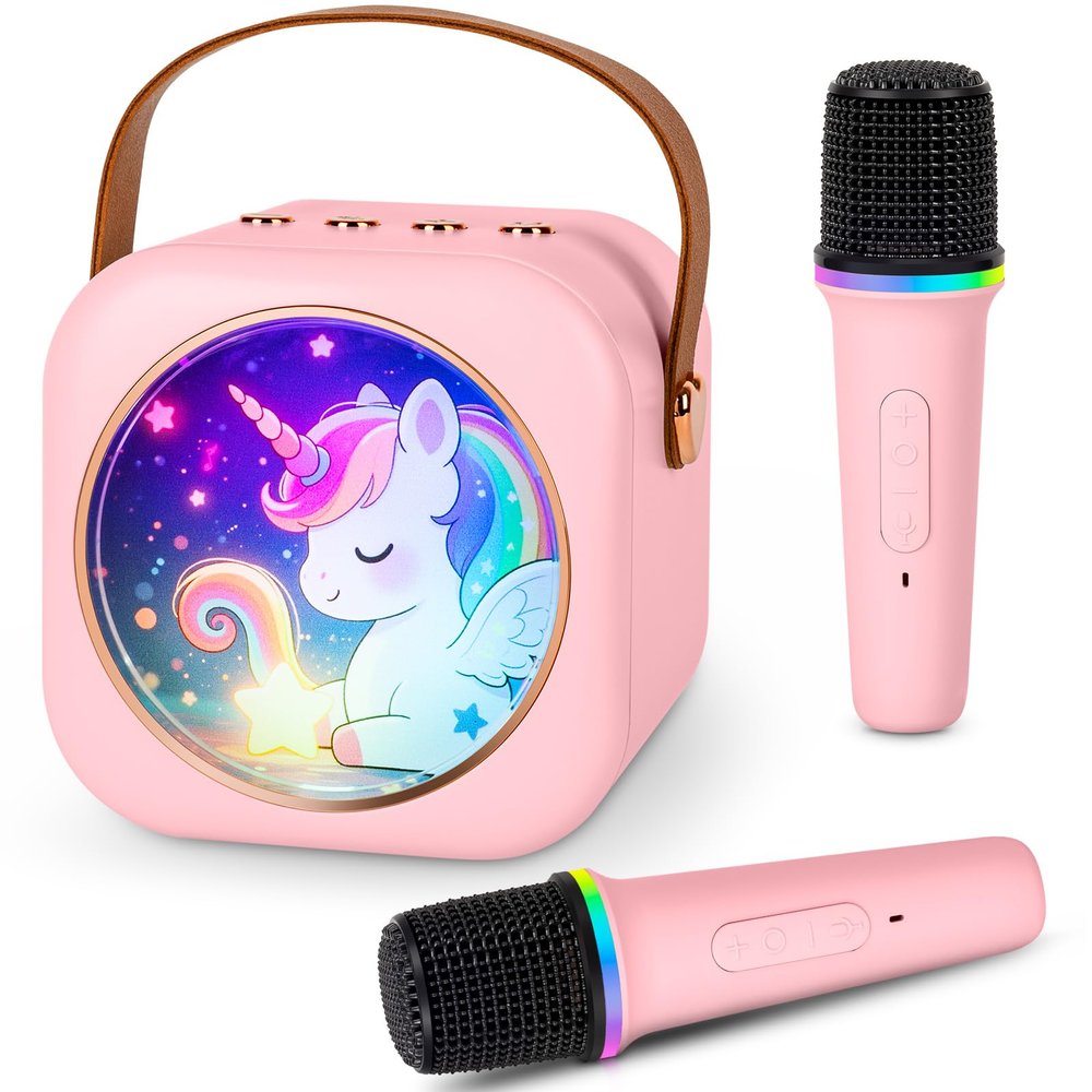 Mini Karaoke Machine with 2 Wireless Microphones, Portable Bluetooth Speaker for Kids & Adults, Ideal Birthday for Girls Boys Ages 3-12, Home Party Travel Entertainment Toy(Pink)