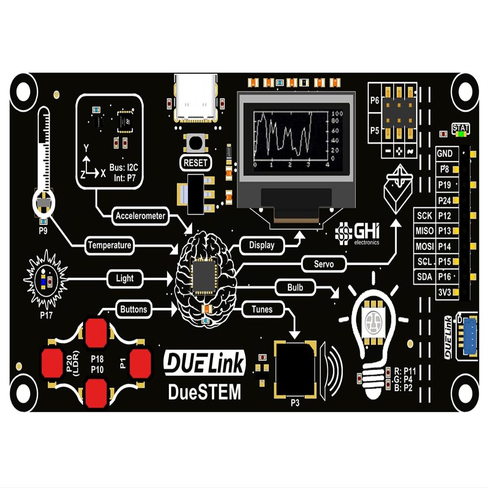 DUELink DueSTEM: The All-in-one Complete STEM Educational microcomputer. Program Using Microblocks, Python, and Arduino