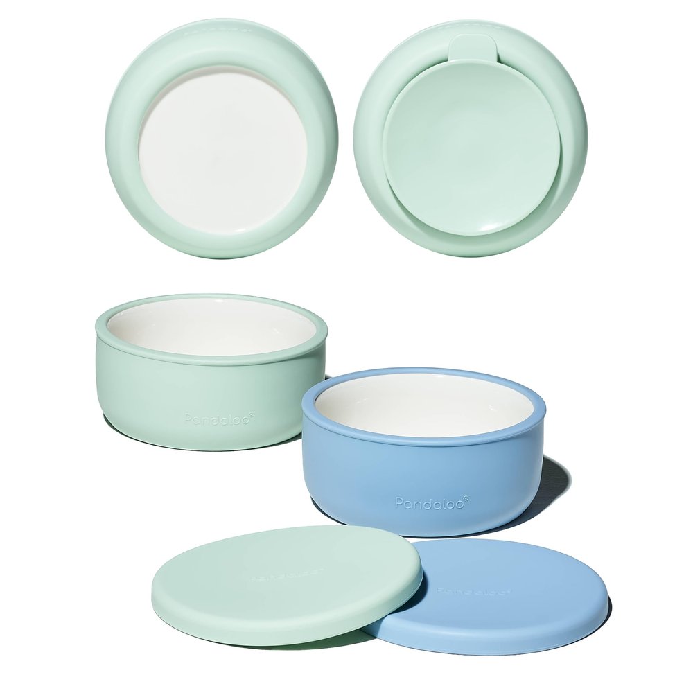 Pandaloo Porcelain Kids Bowls with Removable Silicone Sleeve & Lid Strong Suction Base, Microwave & Dishwasher Safe, Toddler-Proof, Non-Slip Ceramic Feeding Bowls for Babies & Toddlers (Set of 2)