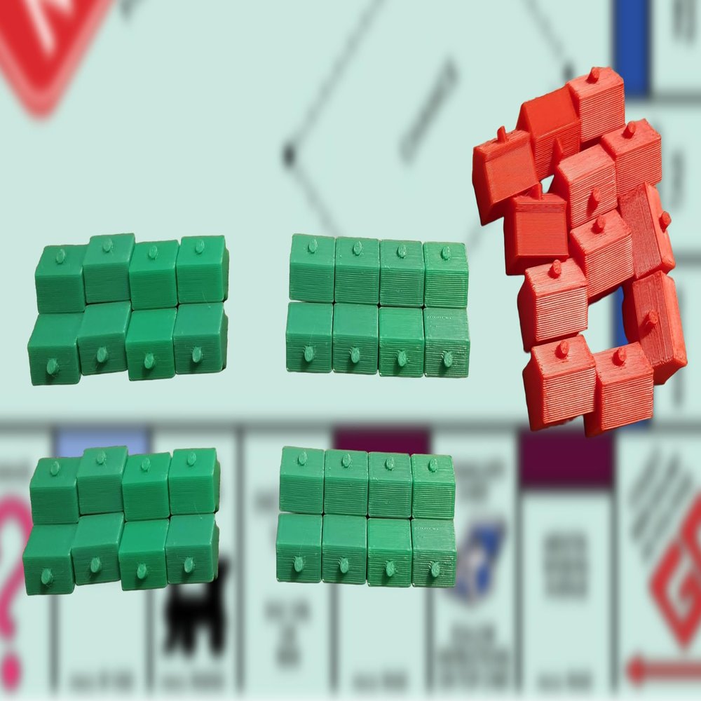 44 Pcs Replacement Hotels & Houses Compatible with Popular Board Game (12 Red Hotels + 32 Green Houses)