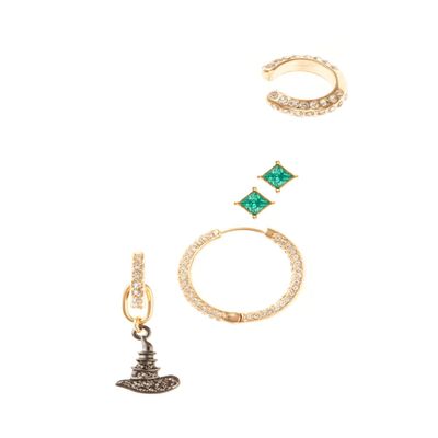 8 Other Reasons Wicked Earring Set 5-Piece Black & Gold Double-Drop Earrings, Witch Hat Motif, Jeweled Hoops & Ear Crawler, 14K Gold Plated Brass Jewelry