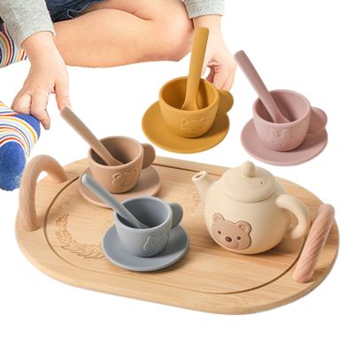 Kids Tea Party Set, Pretend Play Toy for Toddler Ages 3-6, Educational Tea Time Playset Silicone Teapot Cups Scoop, Developmental Toys for Kids Birthday Gift
