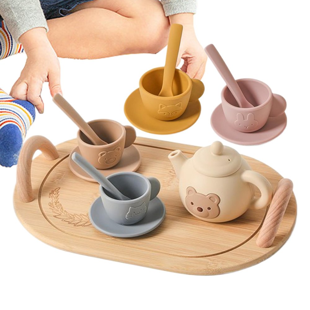 Kids Tea Party Set, Pretend Play Toy for Toddler Ages 3-6, Educational Tea Time Playset Silicone Teapot Cups Scoop, Developmental Toys for Kids Birthday Gift