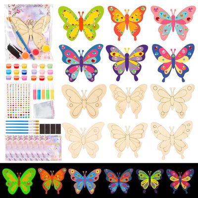 24 Pack Butterfly Party Favors - Non-Toxic Wooden DIY Butterflies Paint Craft - with Magnet Luminous Pen Diamond Sticker - Butterfly Birthday Party Supplies Goodie Bag Gift Prize for Kids Girl Toddler