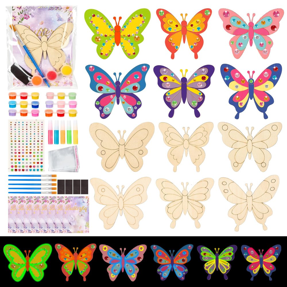 24 Pack Butterfly Party Favors - Non-Toxic Wooden DIY Butterflies Paint Craft - with Magnet Luminous Pen Diamond Sticker - Butterfly Birthday Party Supplies Goodie Bag Gift Prize for Kids Girl Toddler
