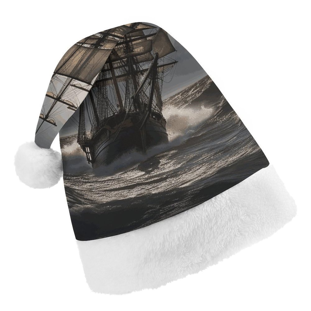 QWNMD Sailing Ship in StormSanta Hat Soft Christmas Party Hat with Printed Design Santa Hat, Suitable for All Ages