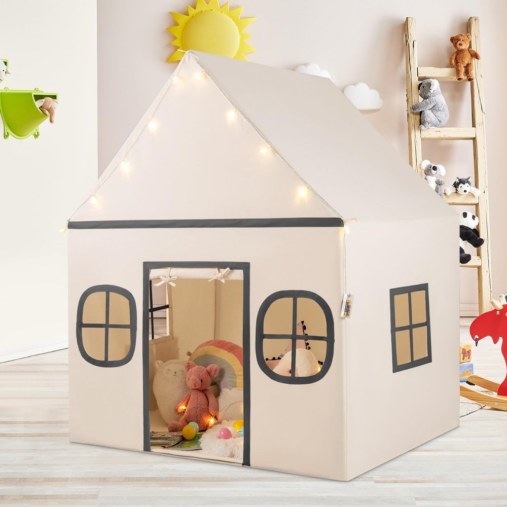 HONEY JOY Kids Tent, Large Toddler Playhouse w/Star Lights, Padded Mat, Side Pockets, Windows, Indoor Outdoor Washable, 47 x 40 x 56.5, Tent for Kids Aged 3+, Christmas Birthday (Beige+Grey)