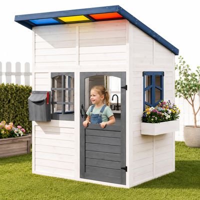 EROMMY Outdoor Wooden Playhouse for Kids, Backyard Playhouse with Colorful Acrylic Roof, Windows, Flower Box, Bench & Kitchen Playset, Solid Fir Wood Play House for Toddlers Ages 3+, 48 x 52 x 64 in
