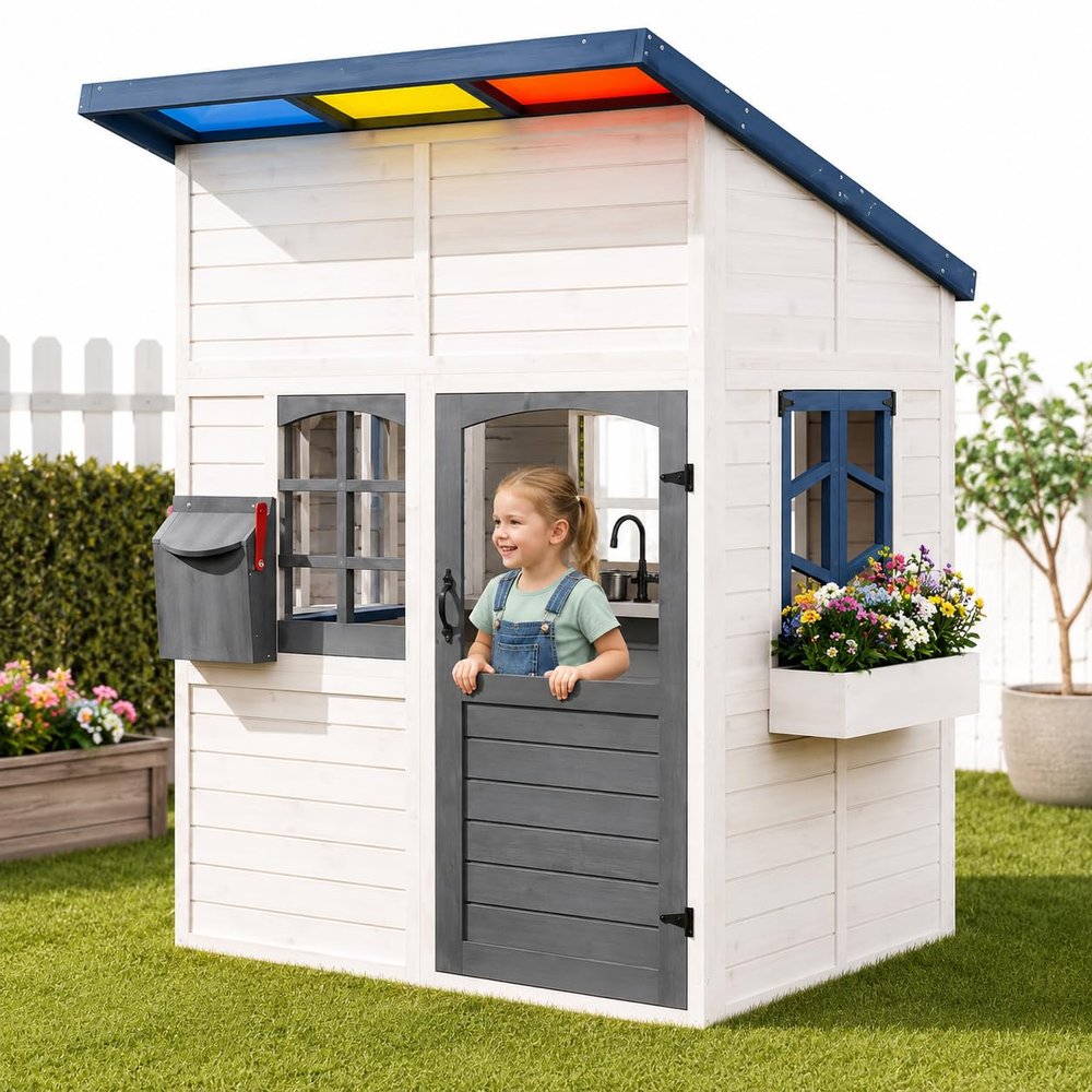 EROMMY Outdoor Wooden Playhouse for Kids, Backyard Playhouse with Colorful Acrylic Roof, Windows, Flower Box, Bench & Kitchen Playset, Solid Fir Wood Play House for Toddlers Ages 3+, 48 x 52 x 64 in