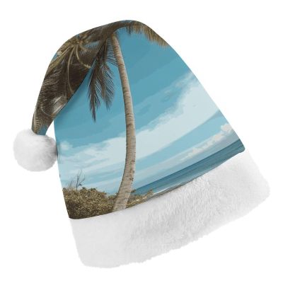 QWNMD Beach Coconut TreeSanta Hat Soft Christmas Party Hat with Printed Design Santa Hat, Suitable for All Ages