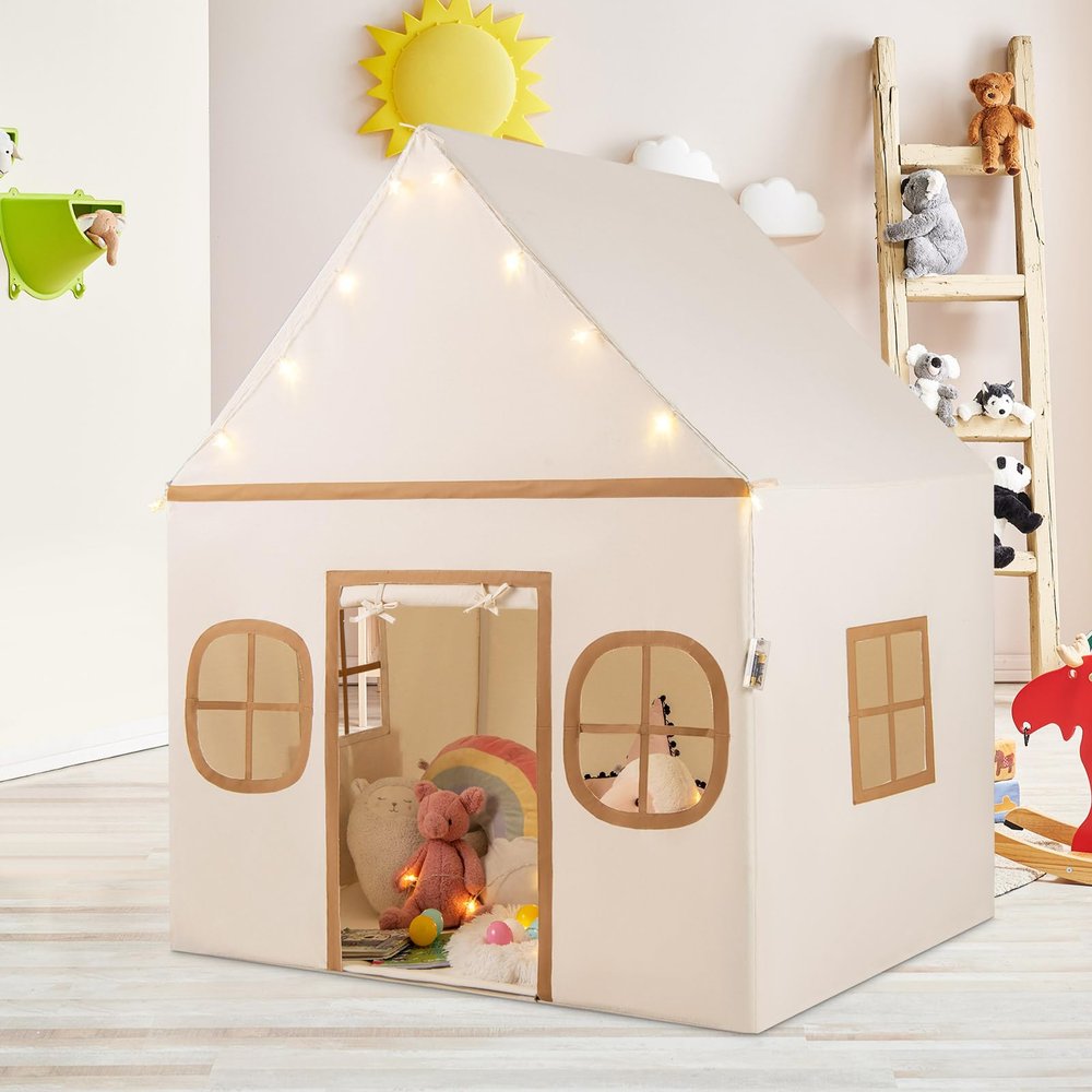 HONEY JOY Kids Tent, Large Toddler Playhouse w/Star Lights, Padded Mat, Side Pockets, Windows, Indoor Outdoor Washable, 47 x 40 x 56.5, Tent for Kids Aged 3+, Christmas Birthday (Beige)