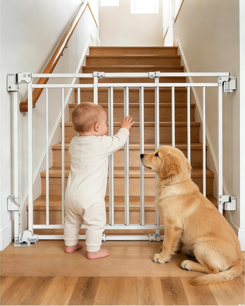 Extra Tall Baby Gate for Stairs Doorways & Kitchen, 26.4"-43" W x 39" H, No Bottom Bar Dog Gate, One-Handed Auto-Close, Hardware Mount Safety Gate for Dogs & Toddlers, White