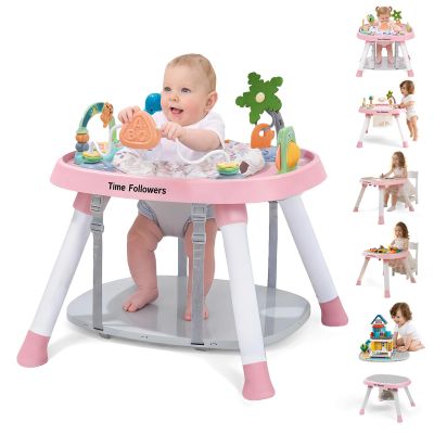 Time Followers 6-in-1 Baby Activity Center | 4 Stage Montessori-Inspired Toys | Grow Stationary Standing Toddler Table | Jumpers & Bouncers | Must Have for Boy & Girl 6, 12, 24+ Month Old (Pink)