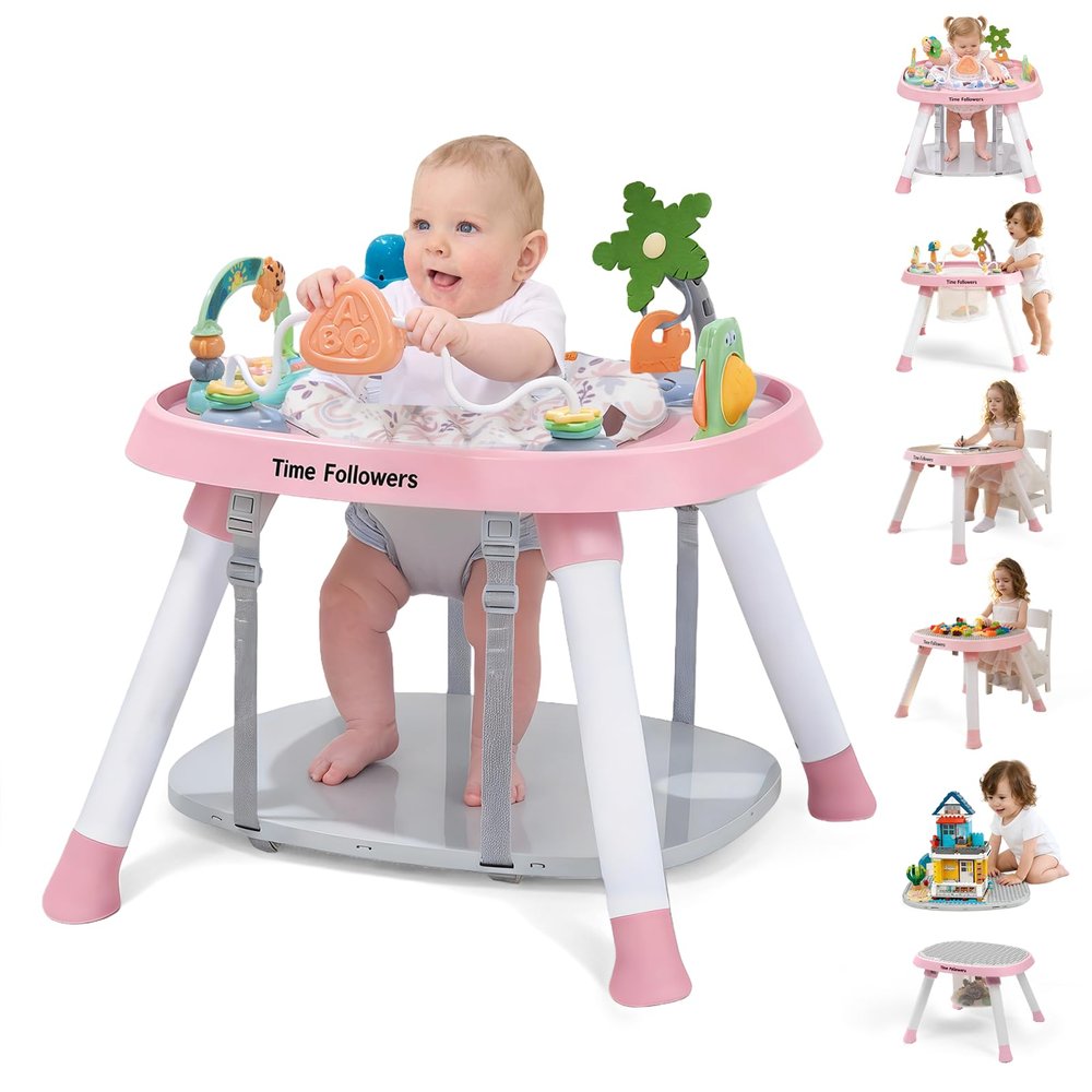 Time Followers 6-in-1 Baby Activity Center | 4 Stage Montessori-Inspired Toys | Grow Stationary Standing Toddler Table | Jumpers & Bouncers | Must Have for Boy & Girl 6, 12, 24+ Month Old (Pink)