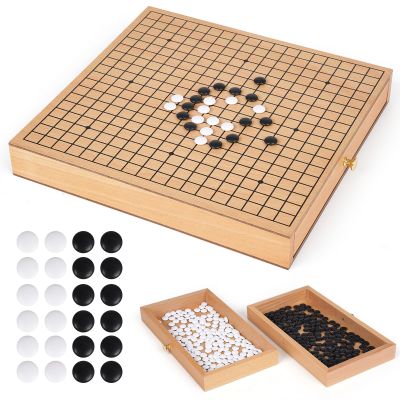 12-Inch Traditional Wooden Go Game Set with Pull-Out Storage Drawers  Classic Weiqi Board Game with Black and White Stones  Premium Wood Go Board for Beginners, Adults, and Professional Players
