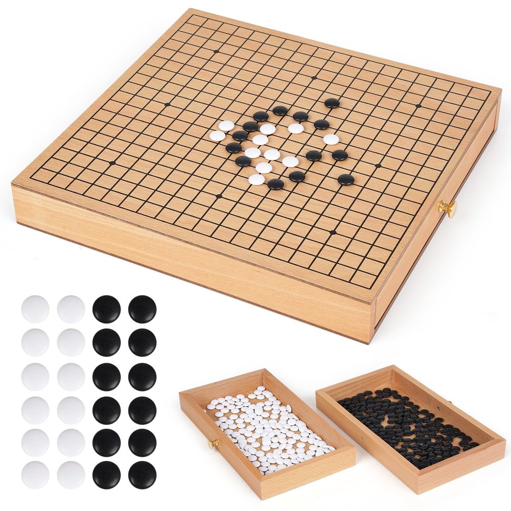 12-Inch Traditional Wooden Go Game Set with Pull-Out Storage Drawers  Classic Weiqi Board Game with Black and White Stones  Premium Wood Go Board for Beginners, Adults, and Professional Players