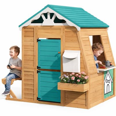 EROMMY Wooden Outdoor Playhouse for Kids, Finnish Spruce Backyard Cottage with Kitchen Playset, Mailbox, Bench & Blackboard, Toddler Play House for Boys & Girls Age 3-8
