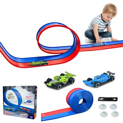 Flexible Race Track for Kids, 15 Ft Race Car Track with 2 Cars & 4 Suction Cups, Double Color, Compatible with All Major Brands, Portable Rolls Up Car Ramp Toy