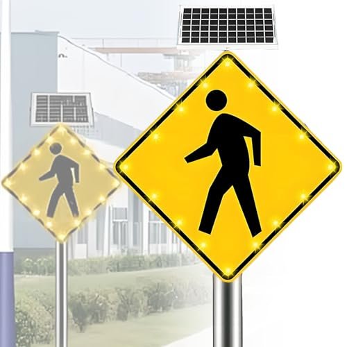 30" Solar LED Traffic Warning Sign - Flashing Aluminum Pedestrian Crossing Sign, Weatherproof & IP65 Rated, Ideal for Parks, Schools, and Urban Areas