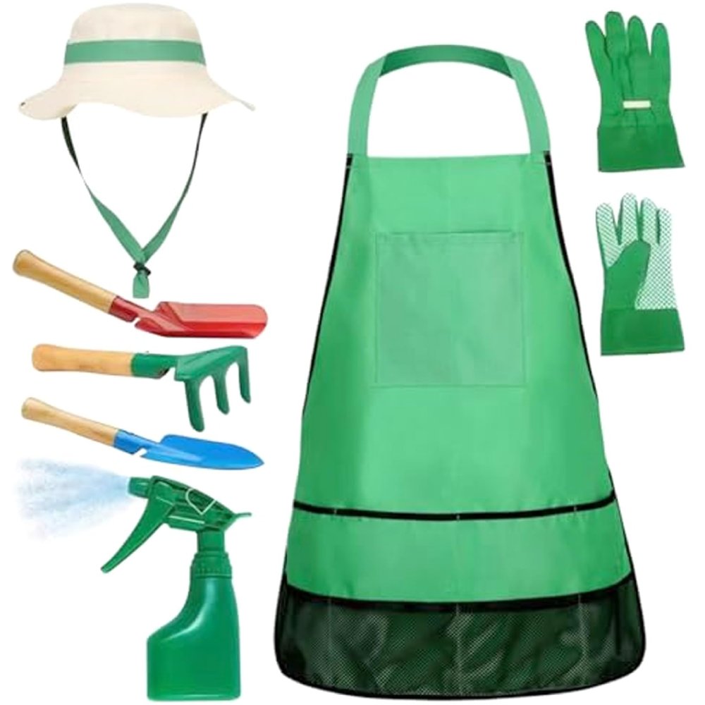 Grtheenumb Kids Gardening Kit, 7PCS/Set Toddler Gardening Set with Sun Hat, Apron, Sprayer, Gloves, Rake, Trowel and Shovels, Garden Tools for Kids Height 45.28-57.09 Inch, Tools