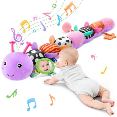 Baby Toys Sensory Musical Animal Stuffed Toy for Infant 0-3-6-12 Months Tummy Time Newborn, Plush Caterpillar with Mirror,Crinkle,Rattle Teething Toys for Baby Boys Girls Shower Gifts, Purple