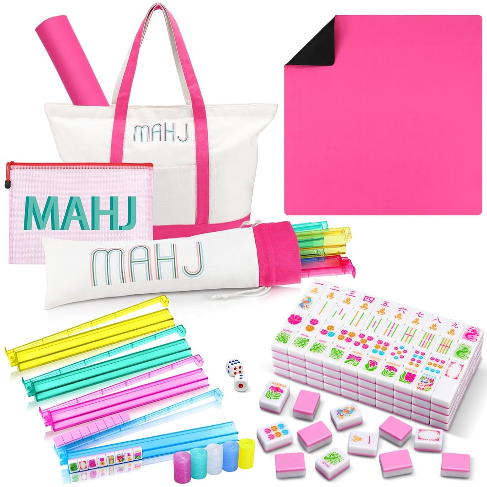 Ceenna American Mahjong Set with Carrying Bag Pink 160 Tiles 4 All-in-one Color Rack Pushers Game Table Mat Plastic Mahjong Coins Complete Ma Jong Game Set