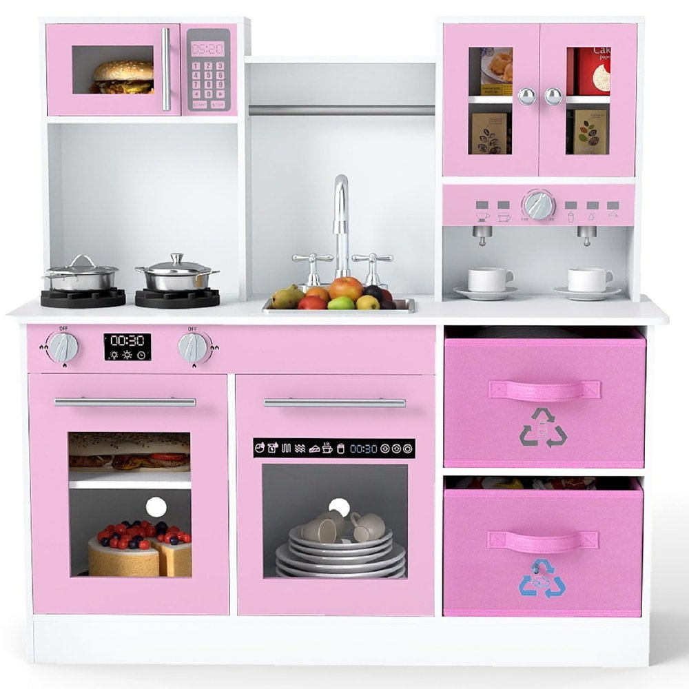 INFANS Kids Kitchen Play Set, Wooden Pretend Play Kitchen with Realistic Lights Sounds Coffee Maker Dishwasher Microwave Oven Foldable Fabric Drawers, Toddler Cooking Toys for Boys Girls
