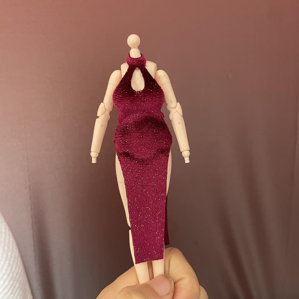1/12 Scale Female Figure Clothes, Form-Fitting Backless Cheongsam for 6 inch Action Figure, 1/12 Tight Cheongsam Chinese-Style Dress, Bodycon Halter-Neck Cheongsam (Purple red)