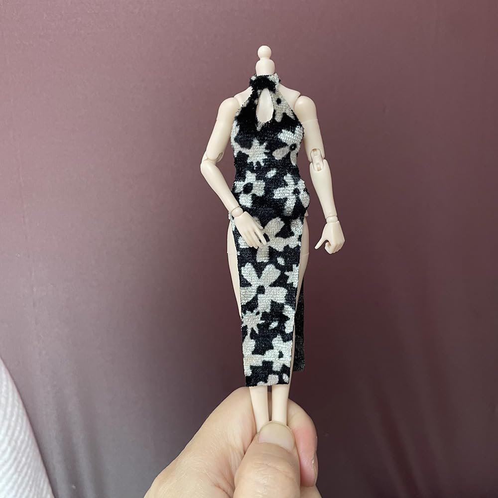 1/12 Scale Female Figure Clothes, Form-Fitting Backless Cheongsam for 6 inch Action Figure, 1/12 Tight Cheongsam Chinese-Style Dress, Bodycon Halter-Neck Cheongsam (White & Black)