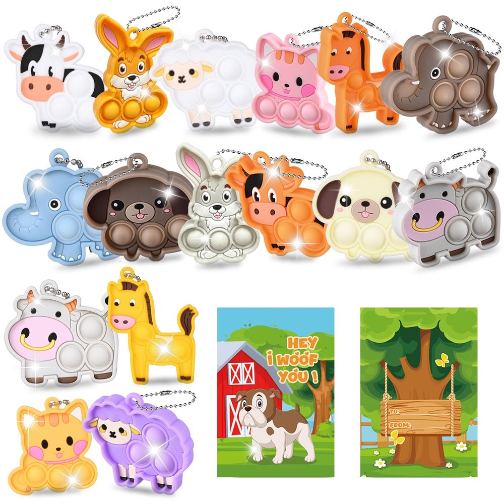 32 Packs Valentine's Day Gifts for Kids Sensory Pop Fidgets Toys Mini Farm Animal Keychains Bulk Party Favors for Toddlers Girls Boys School Classroom Prizes Exchange Birthday Goodie Bag Stuffers