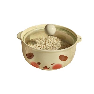 Cute instant noodle bowl with ceramic ears and lid-yellow puppy (with lid)