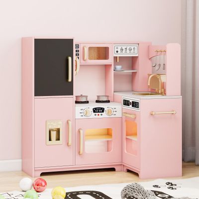 Vavkorkula Kids Kitchen Playset with Lights & Sounds, Wooden Corner Play Kitchen with Sink,Oven, Ice Maker & Pretend Play Accessories, Educational Toy Kitchen Set for Toddlers, Pink