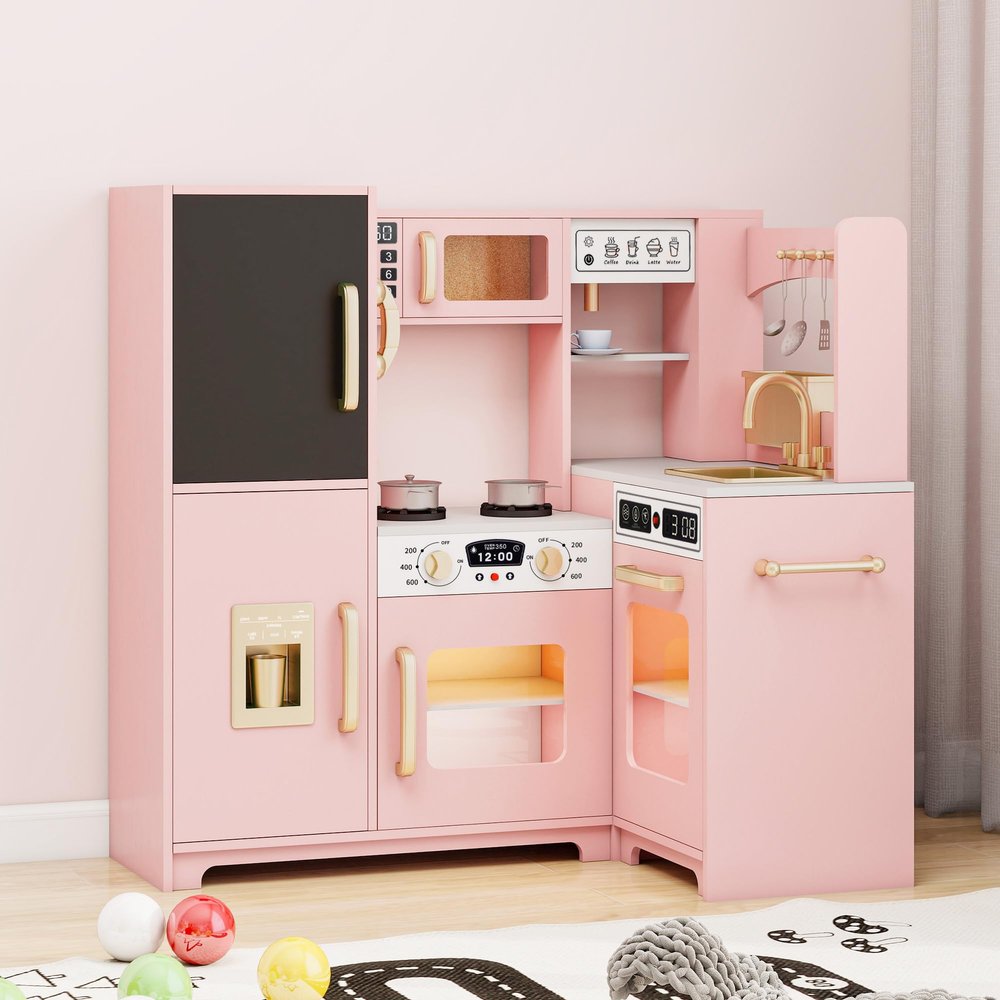 Vavkorkula Kids Kitchen Playset with Lights & Sounds, Wooden Corner Play Kitchen with Sink,Oven, Ice Maker & Pretend Play Accessories, Educational Toy Kitchen Set for Toddlers, Pink