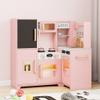 Vavkorkula Kids Kitchen Playset with Lights & Sounds, Wooden Corner Play Kitchen with Sink,Oven, Ice Maker & Pretend Play Accessories, Educational Toy Kitchen Set for Toddlers, Pink view 1