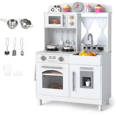 INFANS Kids Kitchen, Wooden Pretend Playset with Adjustable Heights Realistic Sounds Ice Maker Microwave Oven, Toddler Cooking Toy Gift for Boys Girls Aged 3+