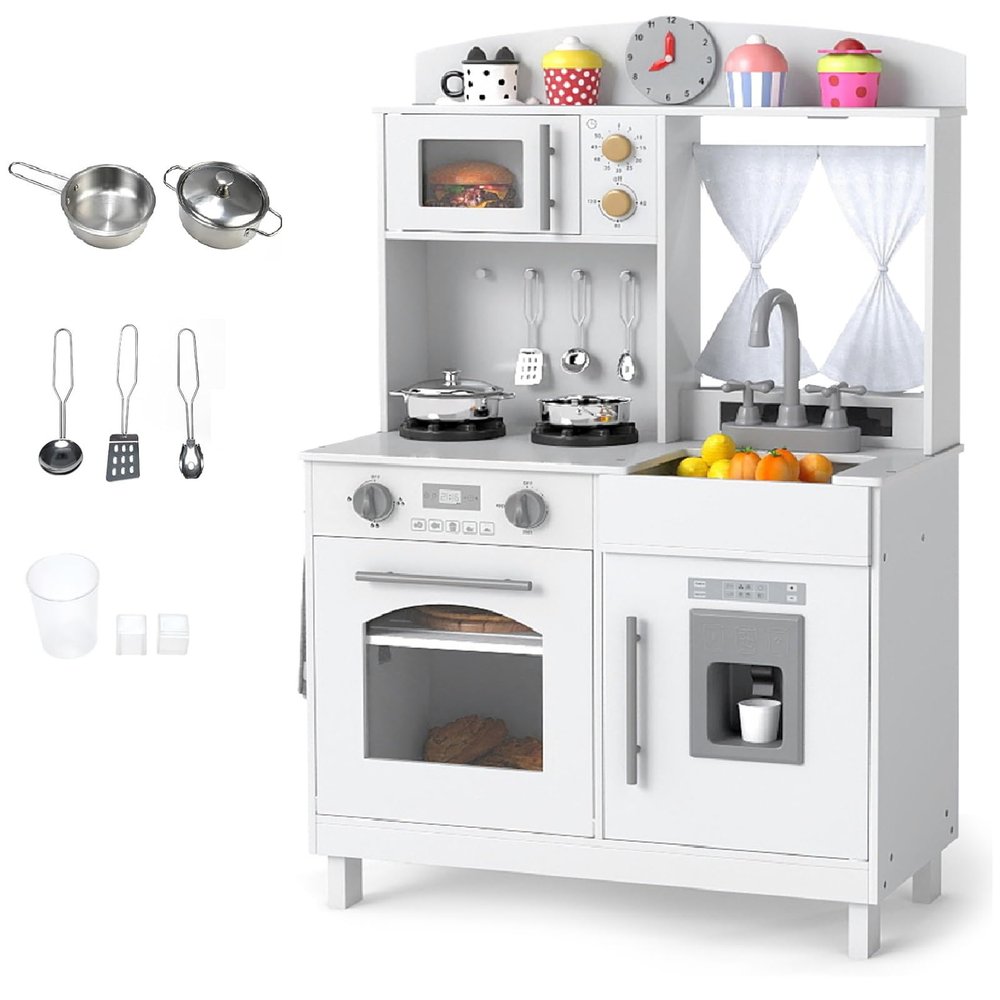 INFANS Kids Kitchen, Wooden Pretend Playset with Adjustable Heights Realistic Sounds Ice Maker Microwave Oven, Toddler Cooking Toy Gift for Boys Girls Aged 3+