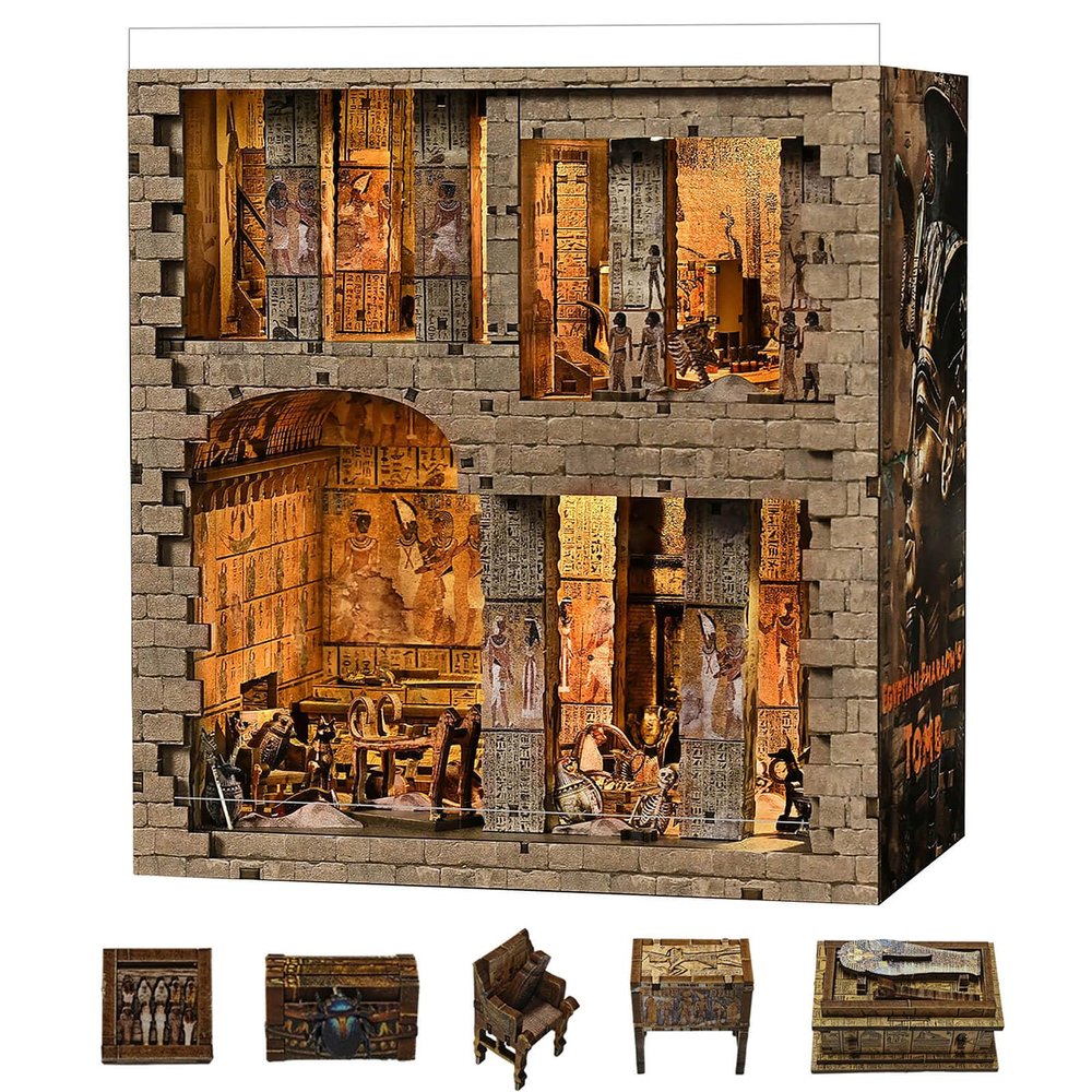 fifijoy Book Nook Kit - Egyptian Pharaohs Tomb DIY Miniature House Kit for Adults and Teens, Dollhouse BookNook Tiny House, Bookshelf Decor 3D Wooden Puzzle, Unique Gifts for Family and Friends