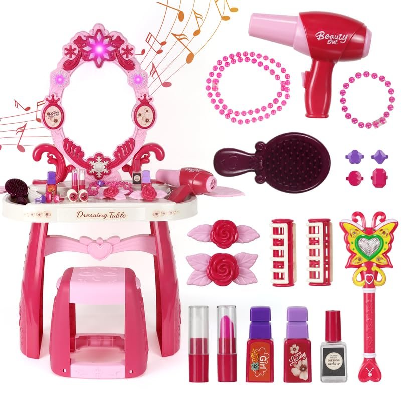 Toddler Vanity Set with Mirror, Lights & Music  Pink Princess Makeup Table with Stool, Pretend Play Beauty Salon Toy with Hair Dryer & Accessories for Little Girls Ages 35 Dress Up Gift (Pink)