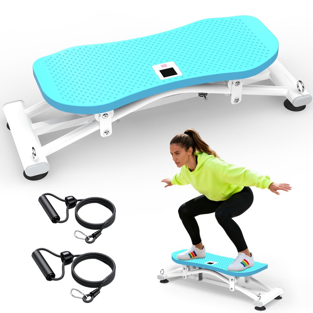 KINMAC Indoor Ski Simulator with Resistance Bands - Balance Board Home Gym Sliding Machine for Full-Body Cardio, Non-Slip Base, Core & Leg Workout Trainer-Blue