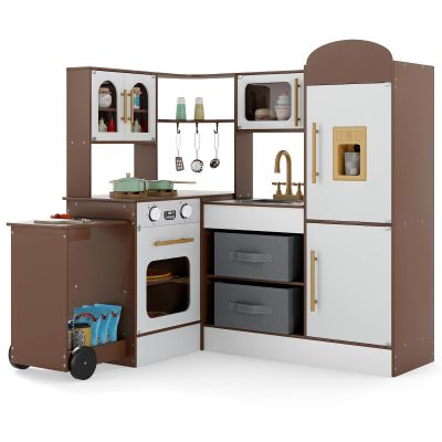 GLACER Corner Wooden Play Kitchen Set with Lights & Sound, Kids Pretend Toy Kitchen with Pull-Out Cart, Microwave, Oven, Ice Maker & Accessories, Cooking Toy Set for Toddler Ages 3+ (Brown)