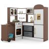 GLACER Corner Wooden Play Kitchen Set with Lights & Sound, Kids Pretend Toy Kitchen with Pull-Out Cart, Microwave, Oven, Ice Maker & Accessories, Cooking Toy Set for Toddler Ages 3+ (Brown) view 1