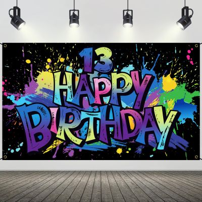 13th Birthday Banner Backdrop for Boys Girls, Graffiti Style Colorful Paint Splash Happy Birthday Fabric Backdrop, Teen Birthday Party Decorations for Wall Photo Background 6.1  3.6 ft HTDZZI
