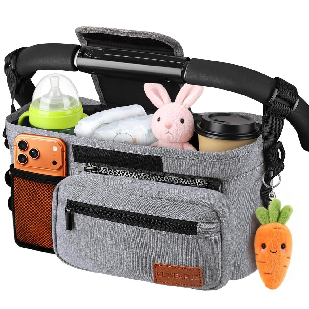 Guiseapue Universal Stroller Organizer with Cup Holder: Baby Essentials, Stroller Caddy with Shoulder Strap, Detachable Phone Bag, Stroller Accessories, Chirstmas New Moms Baby Gifts