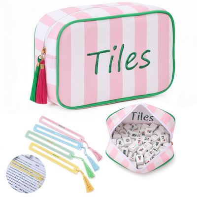 BUZCOZY Empty Mahjong Tiles Bag with 4 Pcs Acrylic Mahjong Line Finder Cards,Mahjong Tile Bags with Zipper for Game Party Travel Gatherings Accessories 9.4 x 6.1 x 3.1 in (Pink)