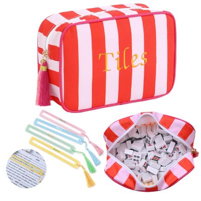 BUZCOZY Empty Mahjong Tiles Bag with 4 Pcs Acrylic Mahjong Line Finder Cards Thickened American Mahjong Rack Bags for Game Party Travel Gatherings Accessories 9.4 x 6.1 x 3.1 in Red