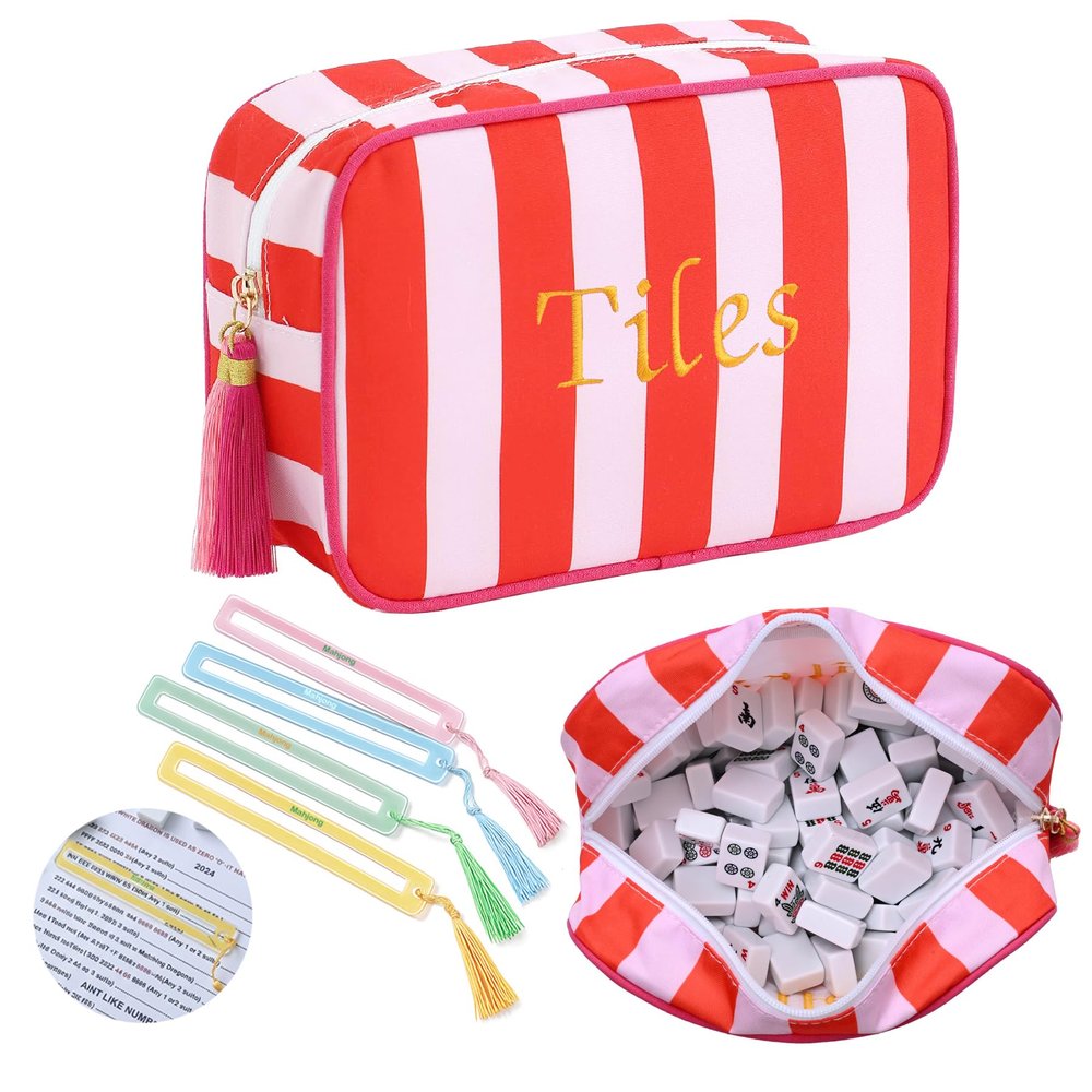 BUZCOZY Empty Mahjong Tiles Bag with 4 Pcs Acrylic Mahjong Line Finder Cards Thickened American Mahjong Rack Bags for Game Party Travel Gatherings Accessories 9.4 x 6.1 x 3.1 in Red