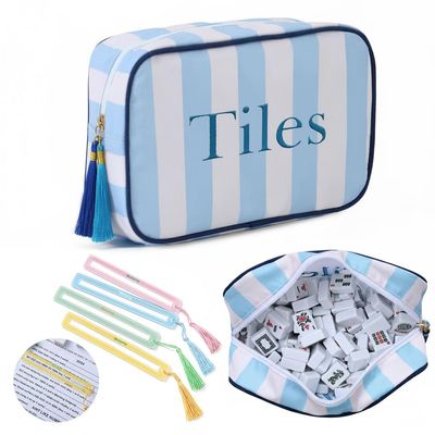 BUZCOZY Empty Mahjong Tiles Bag with 4 Pcs Acrylic Mahjong Line Finder Cards Thickened American Mahjong Rack Bags for Game Party Travel Gatherings Accessories 9.4 x 6.1 x 3.1 in Blue